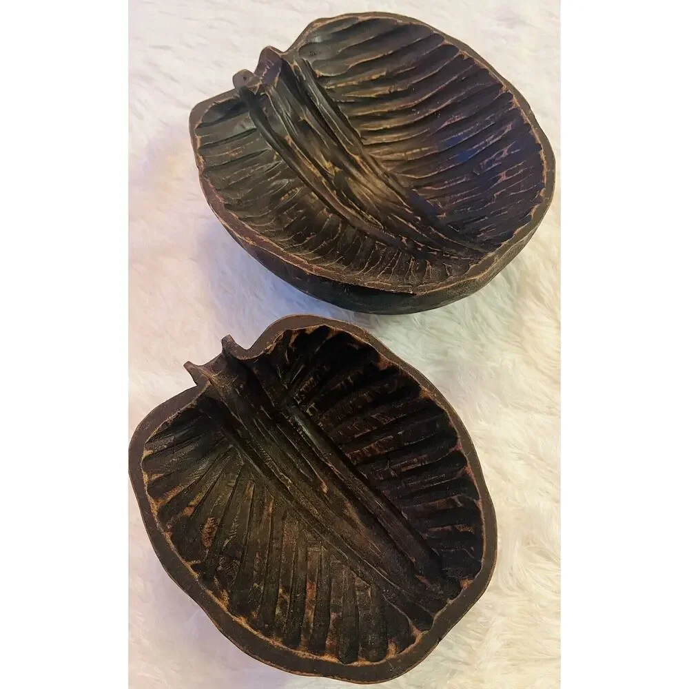 Set 2 Mango Wood Bowls Leaf Hand Carved Decor‎ Vintage Boho Tropical Indonesia